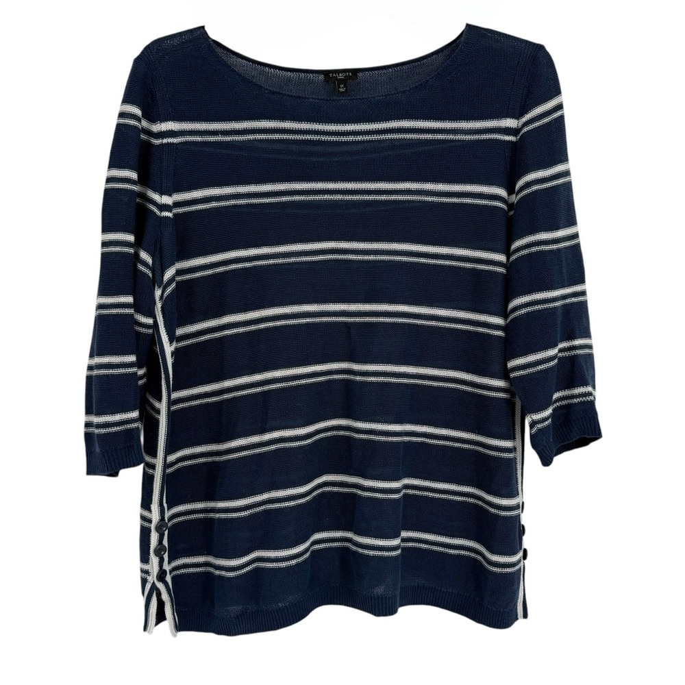 Talbots Women’s Sweater Linen Size 1X Blue Stripe Pullover Long Sleeve Tunic